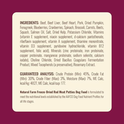 Natural Farm Freeze-Dried Red Meat Patties for Dogs – 96% Raw Beef, Organs & Pork, Complete Meal or Food Topper, Grain-Free, Gluten-Free, Probiotics for Digestion, All Life Stages – 14oz Bag