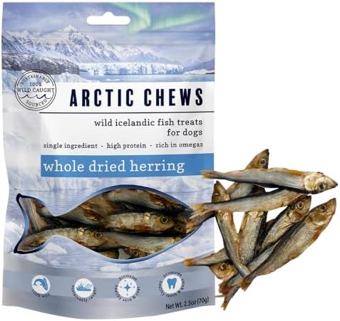 Whole Dried Herring Dog Treats, Single Ingredient Wild-Caught Icelandic Fish, High Protein Omega-3 Rich Grain-Free Natural Dog Treats, 2.5 Oz