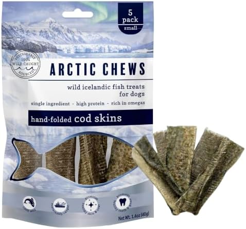 Hand-Folded Cod Skin Dog Treats, Single Ingredient Wild-Caught Icelandic Fish Skins, High Protein Natural Dental Chews, Omega-3 Rich Grain-Free Dog Treats, 5 Pack
