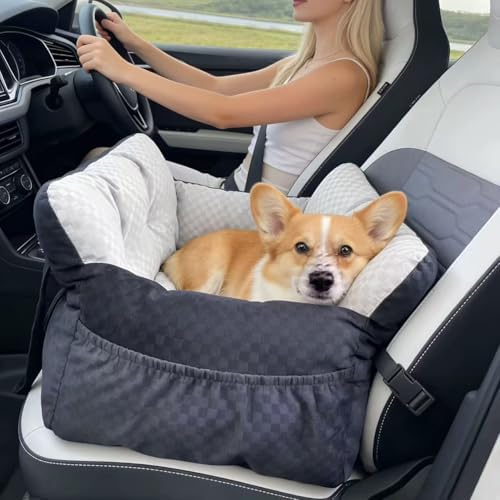 Dog Car Seat Bed - Black and White Checkered, Anti-Anxiety Calming Sofa Bed, Safety Belt