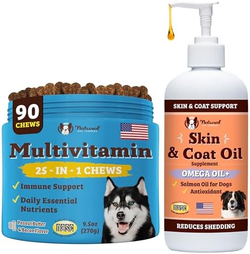 Natural Dog Company Everyday Itch Relief Bundle, Includes (1) Multivitamin Supplement Chews -90 pcs and (1) Skin and Coat Oil Food Topper-16 oz., Vitamins for dogs, Itch relief, Skin and Coat suppleme