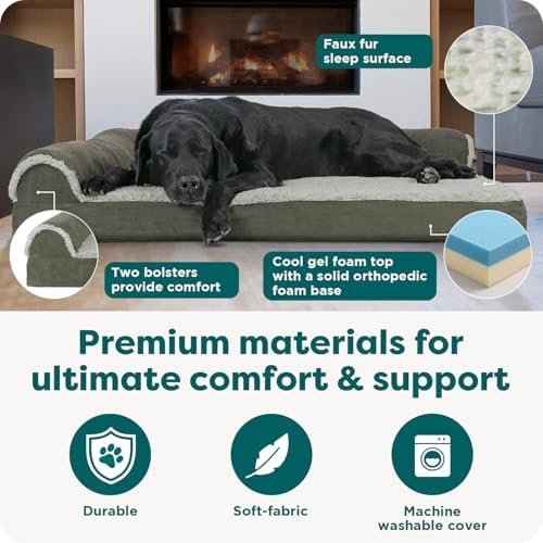 FurHaven Cooling Gel Dog Bed for Large Dogs, L-Shaped Chaise with Cool Gel-Top Foam with a Solid Orthopedic Foam Base for Joint Support, Washable Cover, Jumbo XL, Plush Faux Fur & Suede, Dark Sage