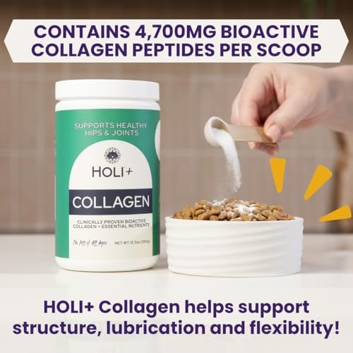 HOLI+ Collagen Supplement for Dogs - Hip and Joint Care Collagen Powder with Glucosamine and Hyaluronic Acid - Easy to Mix Functional Topper