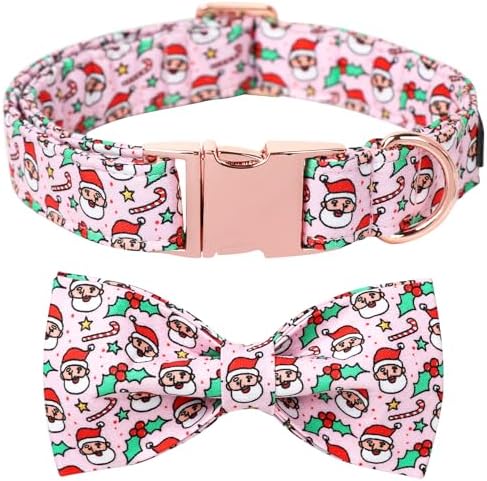 Lionet Paws Christmas Pink Dog Collar Bowtie - Cute Adjustable Winter Cotton Santa Dog Collar with Bowtie for Small Medium Large Dog Girl Boy Gift, S, Neck 10-16in