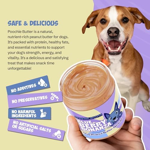 Poochie Butter Blueberry Dog Peanut Butter - Made in USA, Creamy Spread for Lick Mats & Food Toppers - Dry Roasted Peanuts Non-GMO No Sugar Added Dog Treats | 12 oz (Pack of 2)