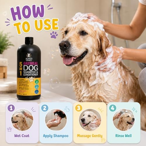 Oatmeal Dog Shampoo and Conditioner for Sensitive Skin with Aloe 32 fl oz | 5 in 1 Puppy Shampoo for Itchy, Sensitive Skin | Cleans, Conditions, Deodorizes & Moisturizes For All Breeds | ALFIE'S CHOICE