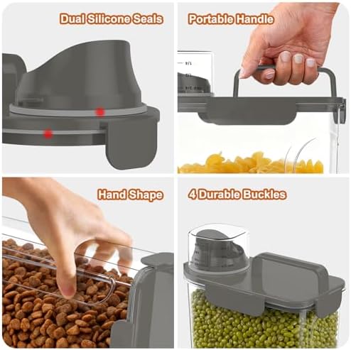 Uppetly Dog Cat Food Storage Container, 5-7Lbs Pet Food Containers, Airtight Cat Food Container with Portable Handle & Measuring Cup, Small Animal Dry Food Dispenser for Dogs, Cats and Birds Grey