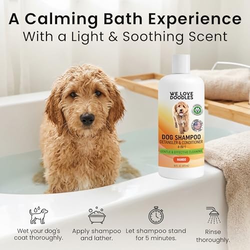 Dog Shampoo, Conditioner & Detangler, Hypoallergenic, Tearless, Mango, 16OZ | For Sensitive Itchy Skin, Best Shampoo For Smelly Dogs, Goldendoodle, Poodle & Doodle, Puppy Pet Wash Soap, USA Made, 4-in-1