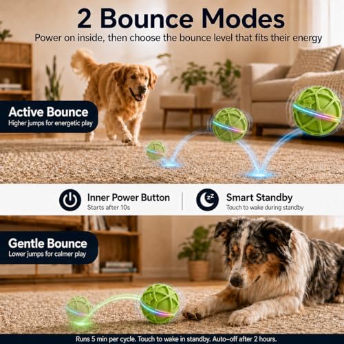 Interactive Dog Ball Toy,Motion-Activated,Rolling&Bouncing,RGB Light | 700mAh rechargeable battery, secure 4-turn thread, tough rubber shell, IPX7-rated outer shell, 5-minute play cycles,Green