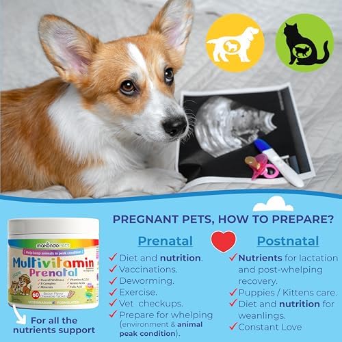 Dog Prenatal Vitamins – Multivitamin for Dogs and Cats 60 Tabs Supplement | Vitamin for Cats & Dogs, Folic Acid, Calcium, Iron, Minerals. Pregnant & Newborn Puppies, Senior Dog Support, Puppy Vitamin