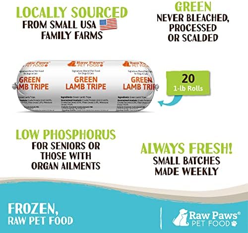 Raw Paws Frozen Raw Green Lamb Tripe Dog & Cat Food, 1-lb Rolls (20 Pack)