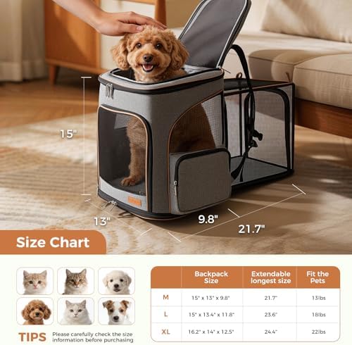 Lekereise Cat Backpack Carrier, Expandable, Inner Safety Leash, Grey
