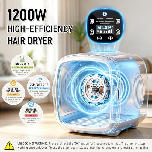 1200W High Velocity Pet Dryer Box for Cats & Small Dogs, Automatic Lonic Full-Body Fast Drying Box with 5 Temp Modes & Adjustable Wind,Low Noise Smart Soft Hair Grooming Dryer with 3 Towels(60L,White)