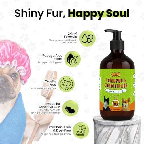 POM Pets 2-in-1 Organic Dog Shampoo & Conditioner – Itchy Skin Relief, Dog Deshedding, Detangles Fur, Cat Shampoo, Paw Cleaner for Dogs, Natural Coat Defense Formula