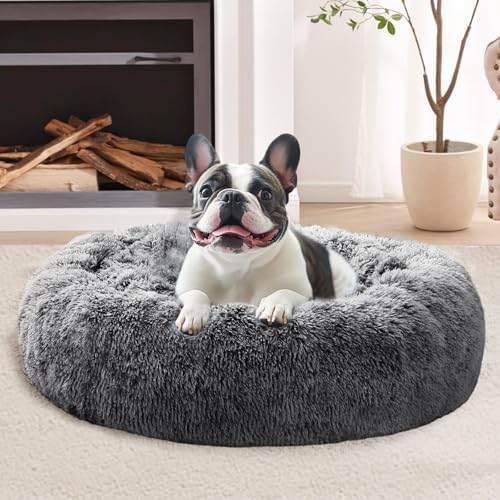 JOLLYVOGUE 20" Calming Donut Dog & Cat Bed, Smoke Black