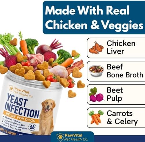 Natural Yeast Infection Treatment for Dogs, 150 Chews – Anti Yeast Support for Itchy Skin & Ears – Helps Reduce Irritation & Paw Licking – Probiotic + Herbal Blend – Bacon Flavored Soft Chews