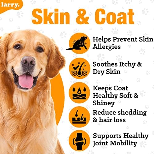 Larry Salmon Oil Dog Chews Skin Coat Omega 3 120 Count | Itchy Skin Allergy Relief, DHA EPA, Bone Joint Health, All Breeds Sizes