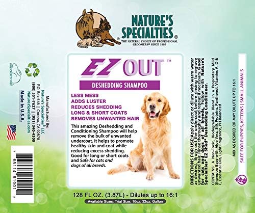 Nature's Specialties EZ Out Deshedding Ultra Concentrated Dog Shampoo for Pets, Makes up to 4 Gallons, Natural Choice for Professional Groomers, Removes Unwanted Hair, Made in USA, 1 Gal