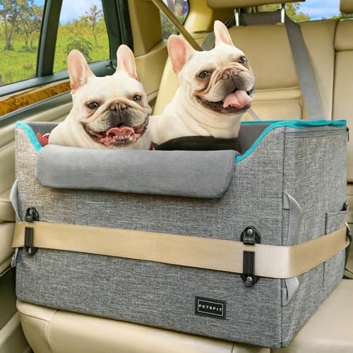 PETSFIT Dog Booster Car Seat, Small/Medium Dogs, 2 Clip-On Leashes, Storage Pockets, Under 45 lbs, Grey