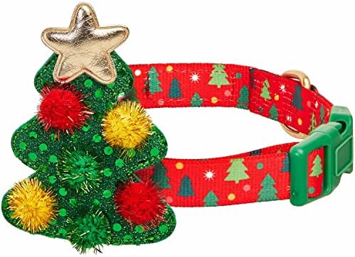 Blueberry Pet Small Christmas Tree Dog Collar – Adjustable 12"-16" Neck, Eco-Friendly High-Density Polyester, Festive Glitter Fabric