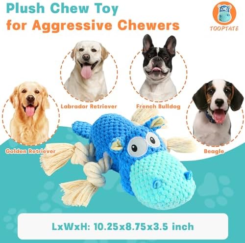 TOOPTATE Hippo Squeaky Dog Toy, Blue, Medium | Cute Plush Design, Rope Legs for Tugging, Helps Keep Dogs Busy, Suitable for Small, Medium, and Large Dogs