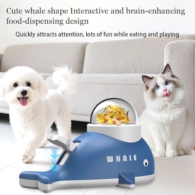 Interactive Dog Treat Dispenser Toy, Whale Shape Puzzle Feeder with Press Button and Rotating Design, Blue and White, Slow Feeding Game for Dogs and Cats