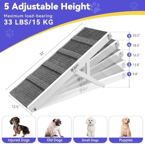 Pawaboo 2026 Upgraded Small Dog Ramp for Couch Foldable, 5 Ajustable Height | Height from 9.8" to 20.5", Portable Stable Pet Steps with Non-Slip Pad, Pet Ramps Use for Sofa Couch Stairs, Wood