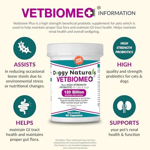 Vetbiome Plus High Strength Probiotics for Pets (160 Capsules) - 120 Billion CFU, 9 - Strain Formula – Third Party Tested - U.S Made