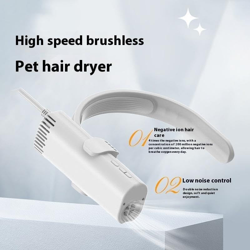 Professional Pet Hair Dryer, White, Brushless, Hands-Free Portable Design, Quiet Operation Below 65dB, with Adjustable Heat and Speed Settings, for Dogs and Cats