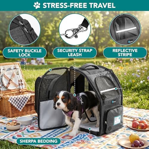 PetAmi Expandable Dog Backpack Carrier, Top Window & Multi-Entry, Up to 18 lbs, Dark Gray