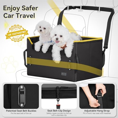 PETSFIT Dog Booster Car Seat, Medium/2 Small Dogs, 2 Safety Leashes, Storage Pockets, Under 45 lbs, Black
