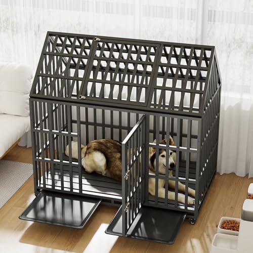 55 Inch Heavy Duty Dog Crate, ACIDBOLT Indestructible Escape Proof XL Metal Dog Kennel Cage for Large Medium Small Dogs, Indoor High Anxiety Pet Crate with 2 Door, 4 Lockable Wheels and Removable Tray