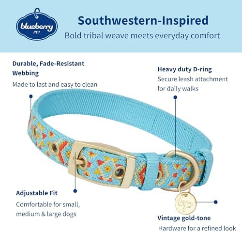 Blueberry Pet Southwestern Tribal Print Celeste Blue Adjustable Dog Collar with Metal Buckle, Neck 13-16.5", for Medium Breed