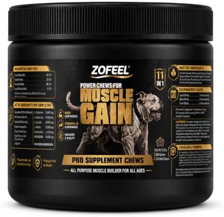 Dog Muscle Gain Power Chews, 11-in-1 Dog Amino Acid Supplement with Glucosamine, Salmon Oil, Ashwagandha, Turmeric & BCAAs, 120 Soft Chews 10.58oz