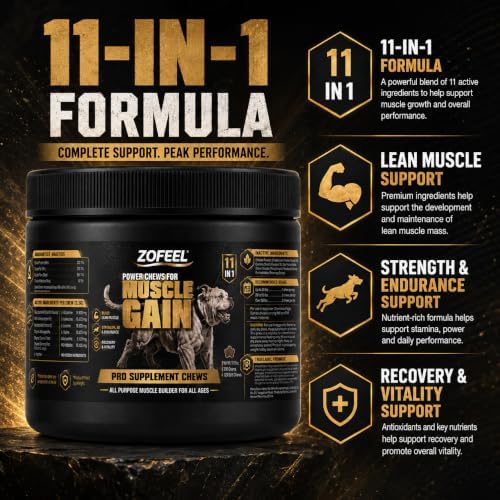 Dog Muscle Gain Power Chews, 11-in-1 Dog Amino Acid Supplement with Glucosamine, Salmon Oil, Ashwagandha, Turmeric & BCAAs, 120 Soft Chews 10.58oz