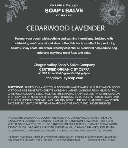 Chagrin Valley Soap & Salve Certified Organic Dog Shampoo and Conditioner - Dog Shampoo Itchy Skin Relief and Puppy Essentials - Natural Handmade Cedarwood Lavender, 3.8 oz Bar Soap