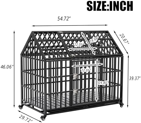 55 Inch Heavy Duty Dog Crate, ACIDBOLT Indestructible Escape Proof XL Metal Dog Kennel Cage for Large Medium Small Dogs, Indoor High Anxiety Pet Crate with 2 Door, 4 Lockable Wheels and Removable Tray