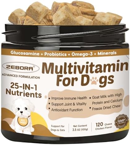 ZEBORA Dog Multivitamin - Vitamins and Supplements - 120 Freeze-Dried Chews | with Probiotics, Glucosamine and Omega 3 for Dogs Digestive Health, Immunity, Joint, Hip, Skin and Coat