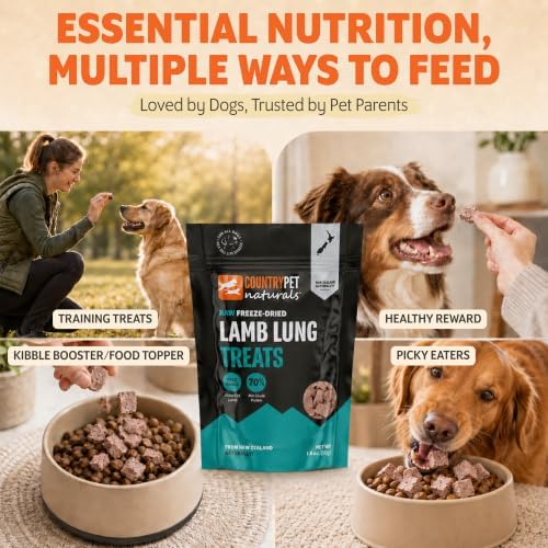 New Zealand Raw Freeze-Dried Pure Lamb Lung 70% Protein Bites - 100% Grass-Fed, Super Premium, Single Ingredient, Grain & Gluten Free Dog Treat & Topper. No Crumbling, 3-Pack