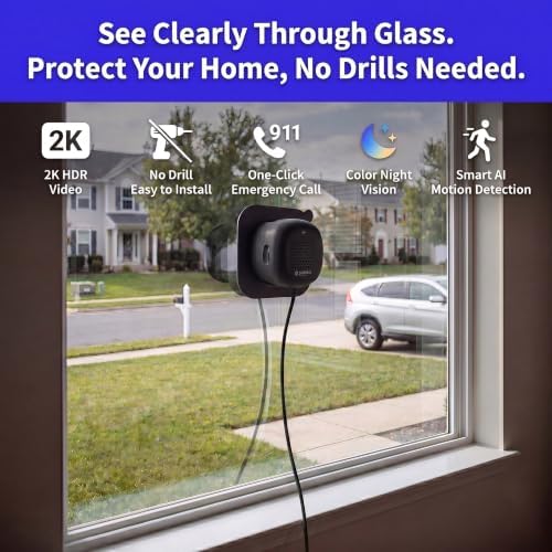 No-Drill Window Camera, 3MP 2K Camera for Home Security, View Outside Through Glass, Color Night Vision, Motion Alerts, 24/7 Recording, Dual-Band WiFi (Black, Dome)