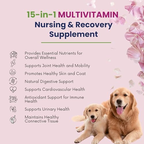 15-in-1 Postnatal Vitamins for Dogs - Enhances Recovery, Supports Joint Health, Skin & Coat Care - Probiotics & Multivitamins for Nursing Dogs - 120 Chewable Chicken Flavor Tablets