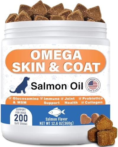 Omega 3 Fish Oil for Dogs - Dog Skin and Coat Chews with EPA DHA, Wild Salmon Oil, Glucosamine, MSM, Collagen- Pet Fish Oil Supplement to Support Gut Joints Heart Eyes Immune, 200 Ct
