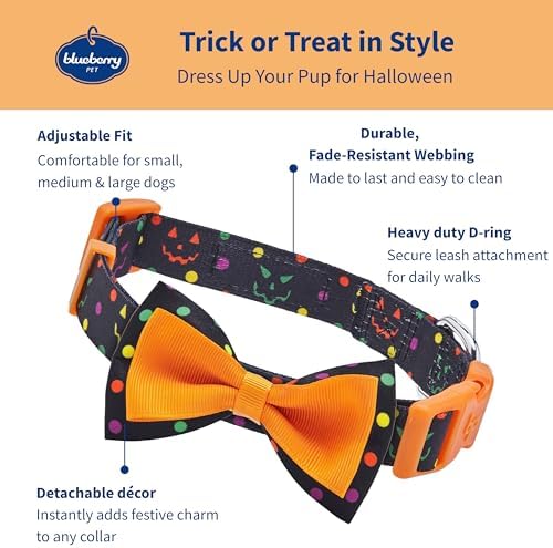 Blueberry Polka Dot Adjustable Dog Collar with Bowtie, Large Neck 18"-26", Perfect Halloween Collar