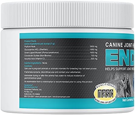 Annamaet Endure – Hip & Joint Powder Supplement for Dogs – with Glucosamine, Chondroitin and Green Lipped Mussel for Joint Support and Psyllium for Gut Health - 200 g