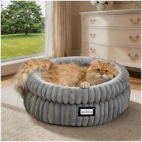 BALANCE Cat Bed Kitten Bed, Washable Round Cat Beds for Indoor Cats, Super Soft Plush Faux Fur Pet Bed for Puppy and Kitten with Anti-Slip Bottom