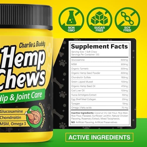 Glucosamine for Dogs - Hеmp Calming Chews with Glucosamine & Chondroitin - Daily Support with MSM, Omega 3 and Turmeric for Senior and Large Breed Dogs - Chicken Flavor, 120 Soft Treats