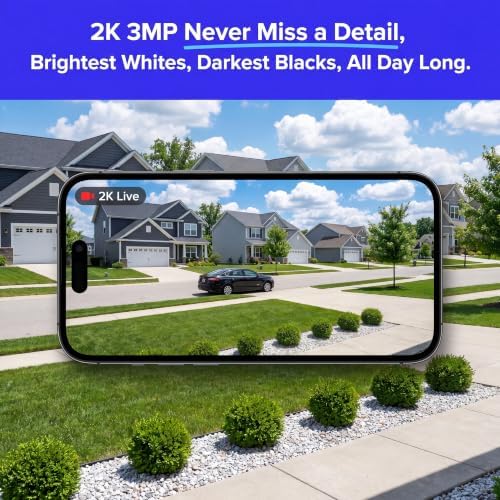 No-Drill Window Camera, 3MP 2K Camera for Home Security, View Outside Through Glass, Color Night Vision, Motion Alerts, 24/7 Recording, Dual-Band WiFi (Black, Dome)