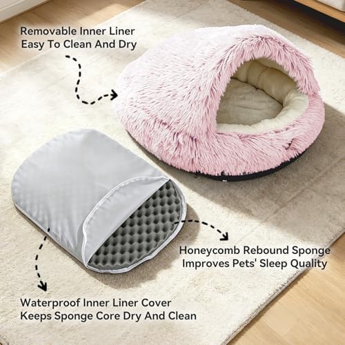 YooxArmor Round Covered Cat Bed Cave Dog Bed for Small Medium Pets,Pink,S