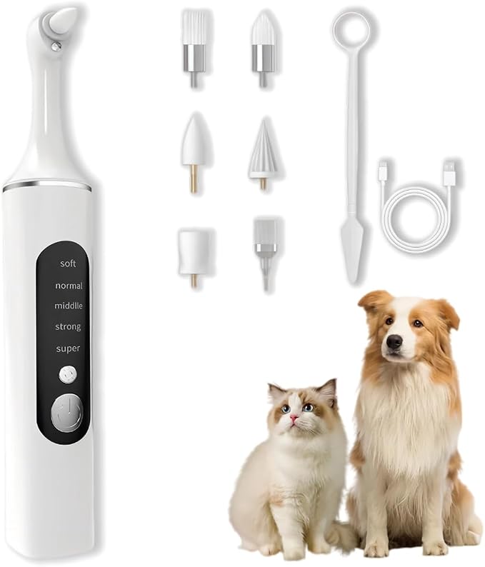 Dog Teeth Cleaning Tool, Electric Dog Toothbrush for Small Medium Large Dogs & Cats, 5 Speeds & 6 Heads Rechargeable Pet Dental Polisher with LED Light, Gentle Oral Hygiene Kit for Home Use (White)
