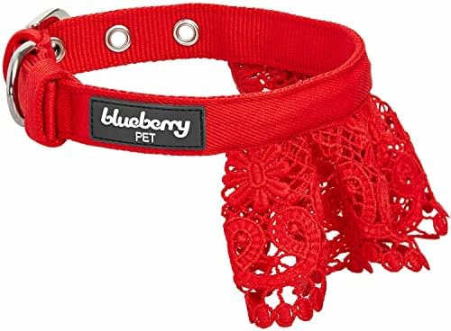 Blueberry Pet Floral Lace Adjustable Dog Collar in True Red with Metal Buckle, Neck 17-20.5", for Large Breed